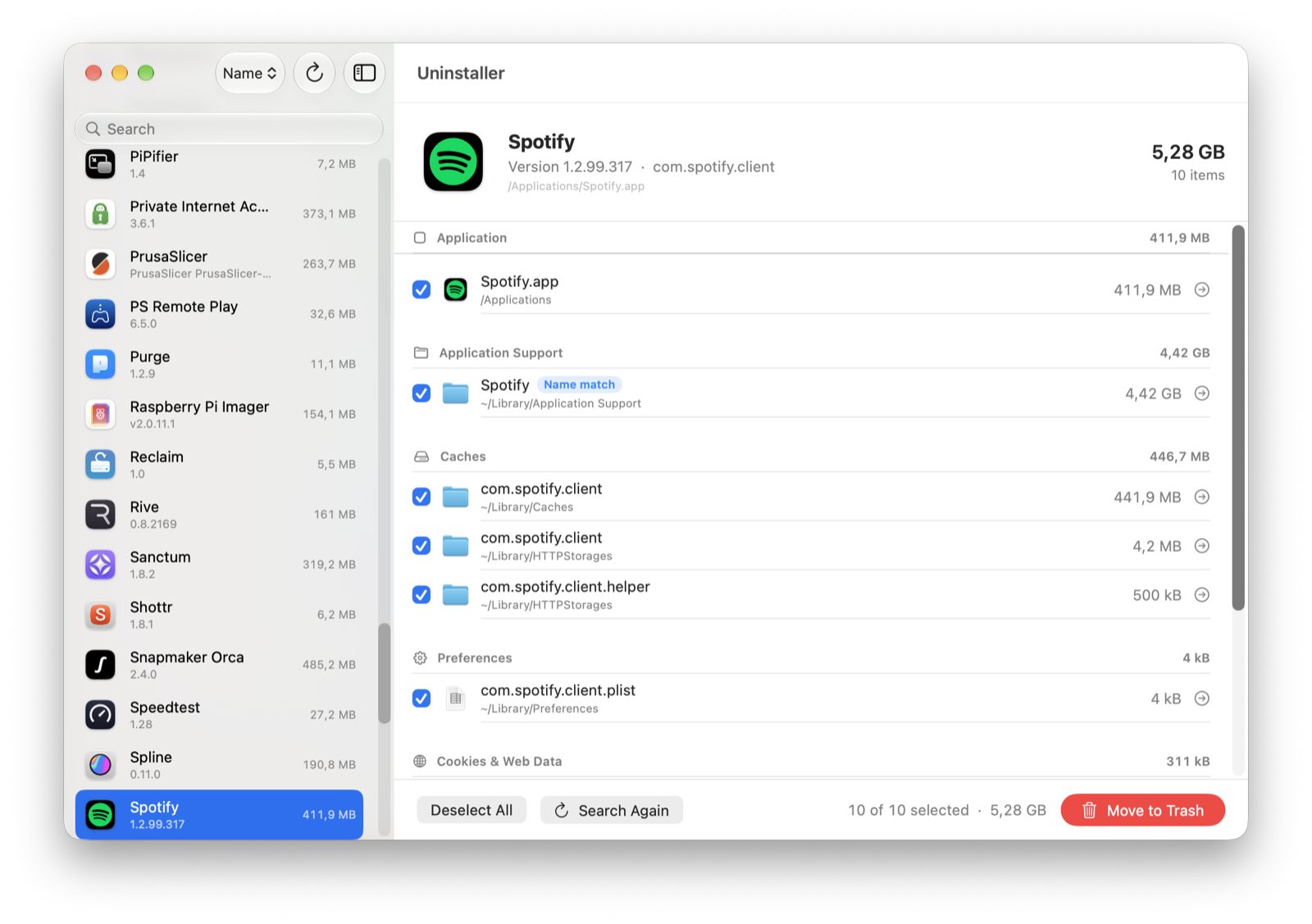 Uninstaller showing Spotify: the 412 MB app plus 4.4 GB in Application Support, caches, preferences and web data, 5.28 GB in total.