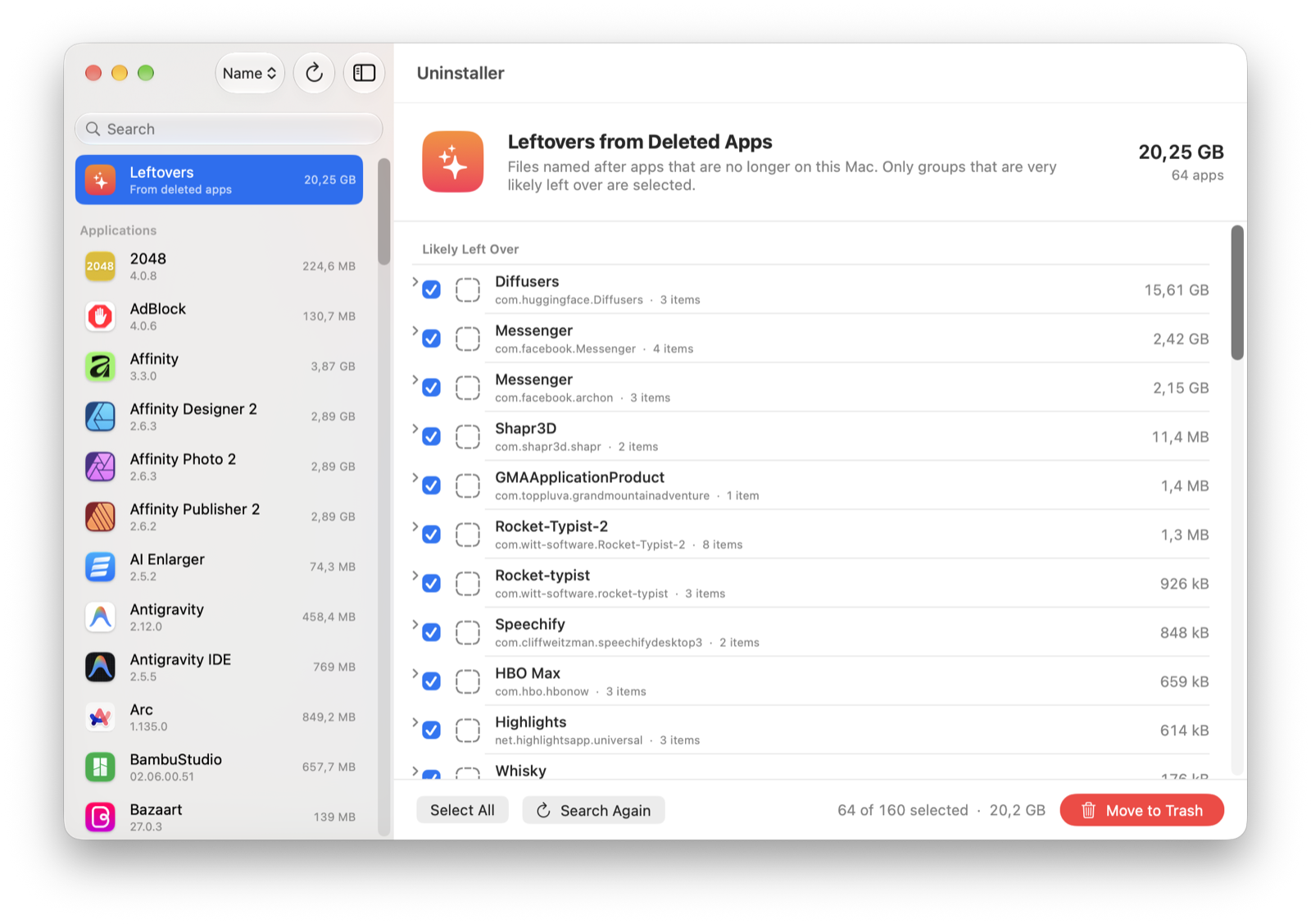 The Leftovers view listing Diffusers at 15.61 GB, two Messenger installs at 2.42 GB and 2.15 GB, and smaller leftovers, 20.25 GB from 64 deleted apps.